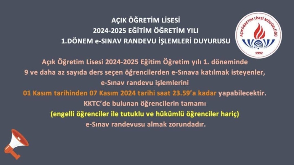 Açık Öğretim Lisesi e-Sınav Randevu Duyurusu